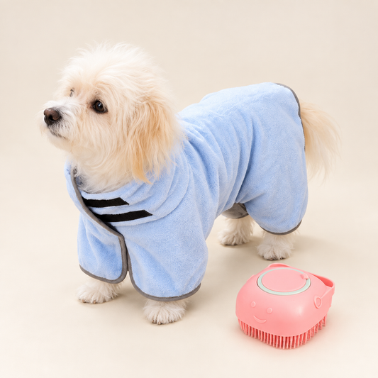 RainyPaws Bath Time Set – Dog Drying Robe & Shampoo Brush