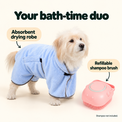 RainyPaws Bath Time Set – Dog Drying Robe & Shampoo Brush